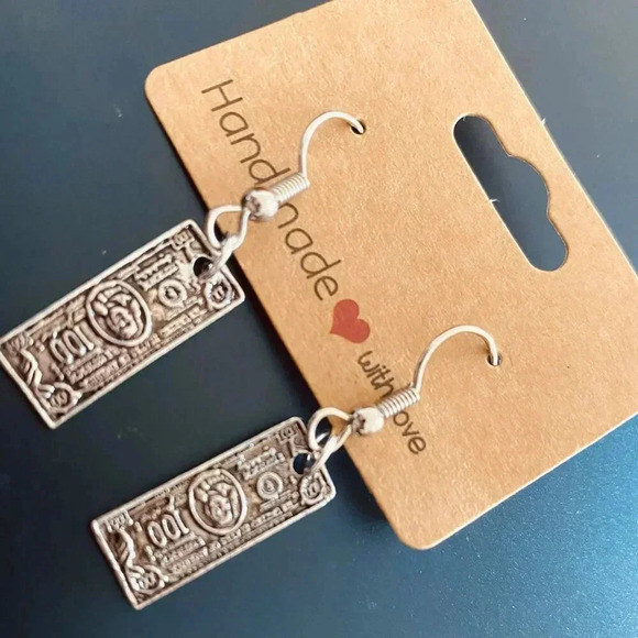 Rare Vintage Dollar Bill Metallic Silverplated Women's Fashion Dangle Earrings - Picture 3 of 3